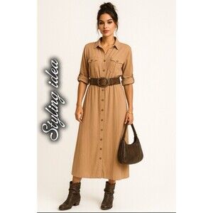 Soft Surroundings 2X Linen Shirt Dress Tan Button Front Roll Tab Sleeves